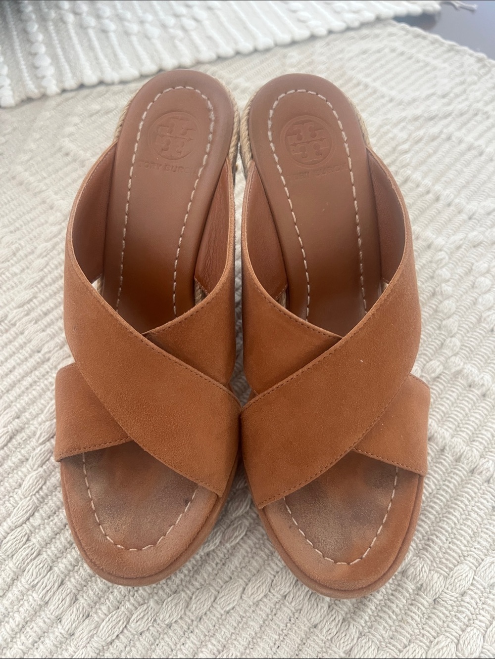 Tory Burch Cognac Suede Crisscross Espadrille Slides